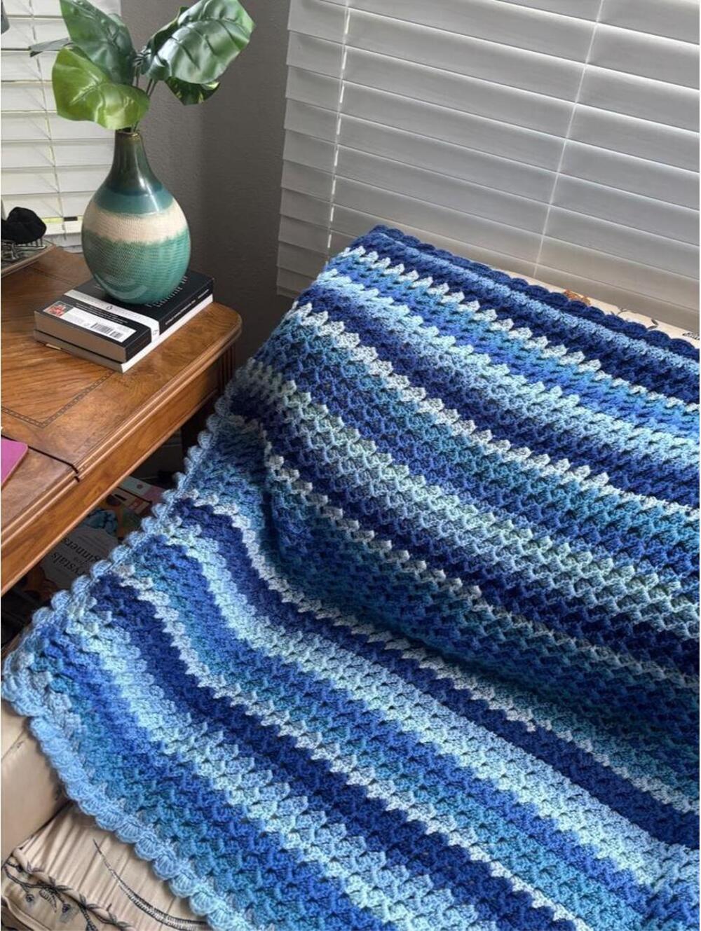 Handmade Crochet Blue Striped Throw Blanket Shell Border C2C Afghan Lap Size